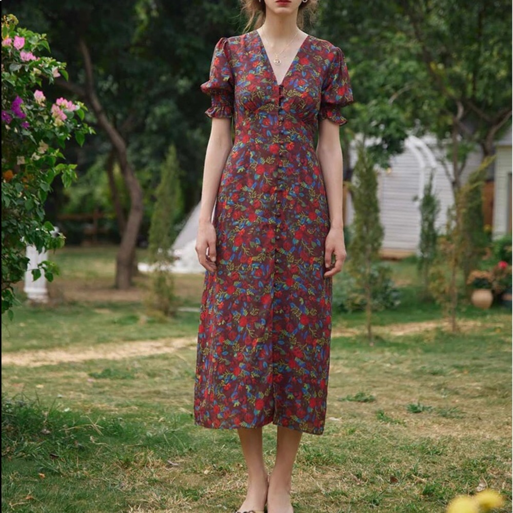 Simply Retro Kora Floral Printed Dress DARK RED (other colors shown for detail)